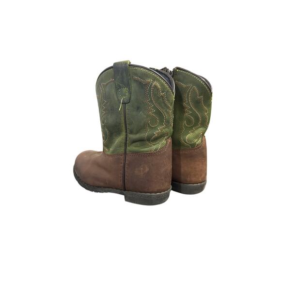 Adorable Kids' Cowboy Boots - Brown and Green Leather with Decorative Stitching - Picture 1 of 3